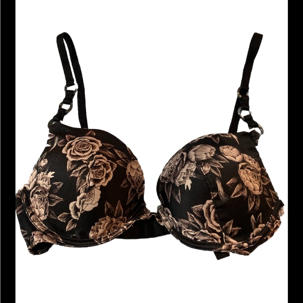 Victoria Secret Push Up Bra Black w Rose Floral Underwire Size 32C